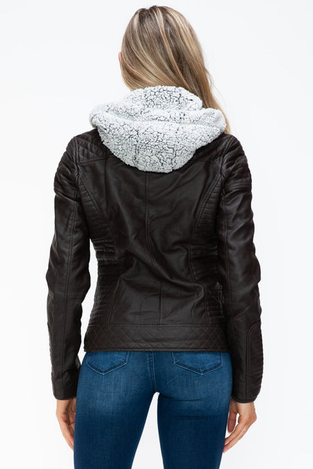 YMI Faux Layered Double - Zipper Jacket with Fuzzy Hood - S. M. & Co.