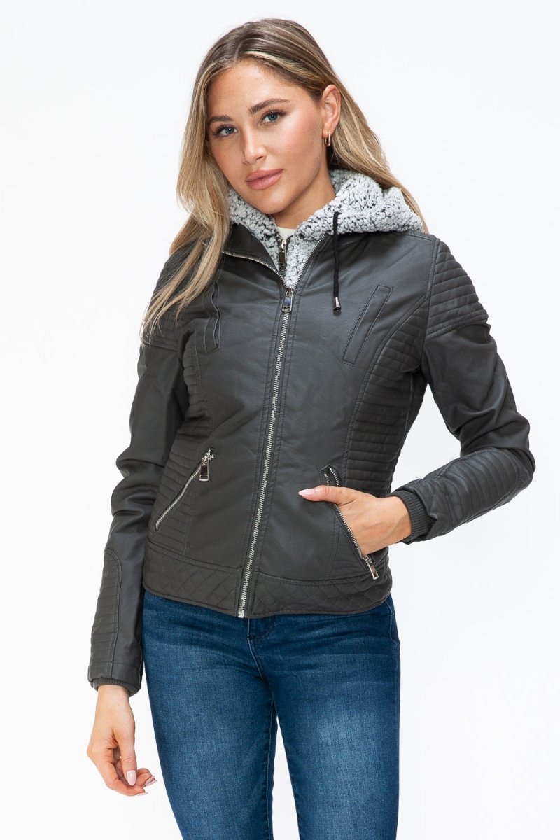 YMI Faux Layered Double - Zipper Jacket with Fuzzy Hood - S. M. & Co.