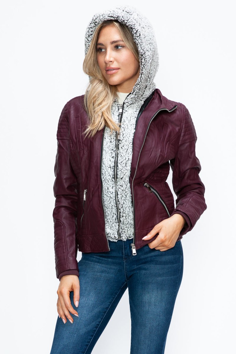 YMI Faux Layered Double - Zipper Jacket with Fuzzy Hood - S. M. & Co.