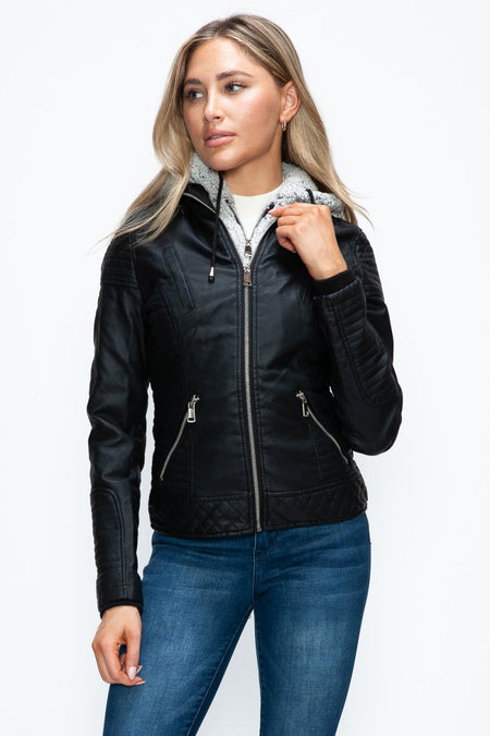 YMI Faux Layered Double - Zipper Jacket with Fuzzy Hood - S. M. & Co.