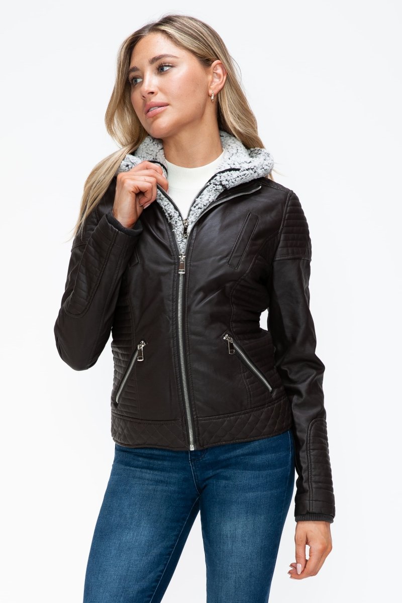 YMI Faux Layered Double - Zipper Jacket with Fuzzy Hood - S. M. & Co.