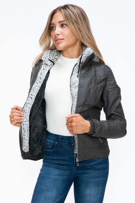 YMI Faux Layered Double - Zipper Jacket with Fuzzy Hood - S. M. & Co.