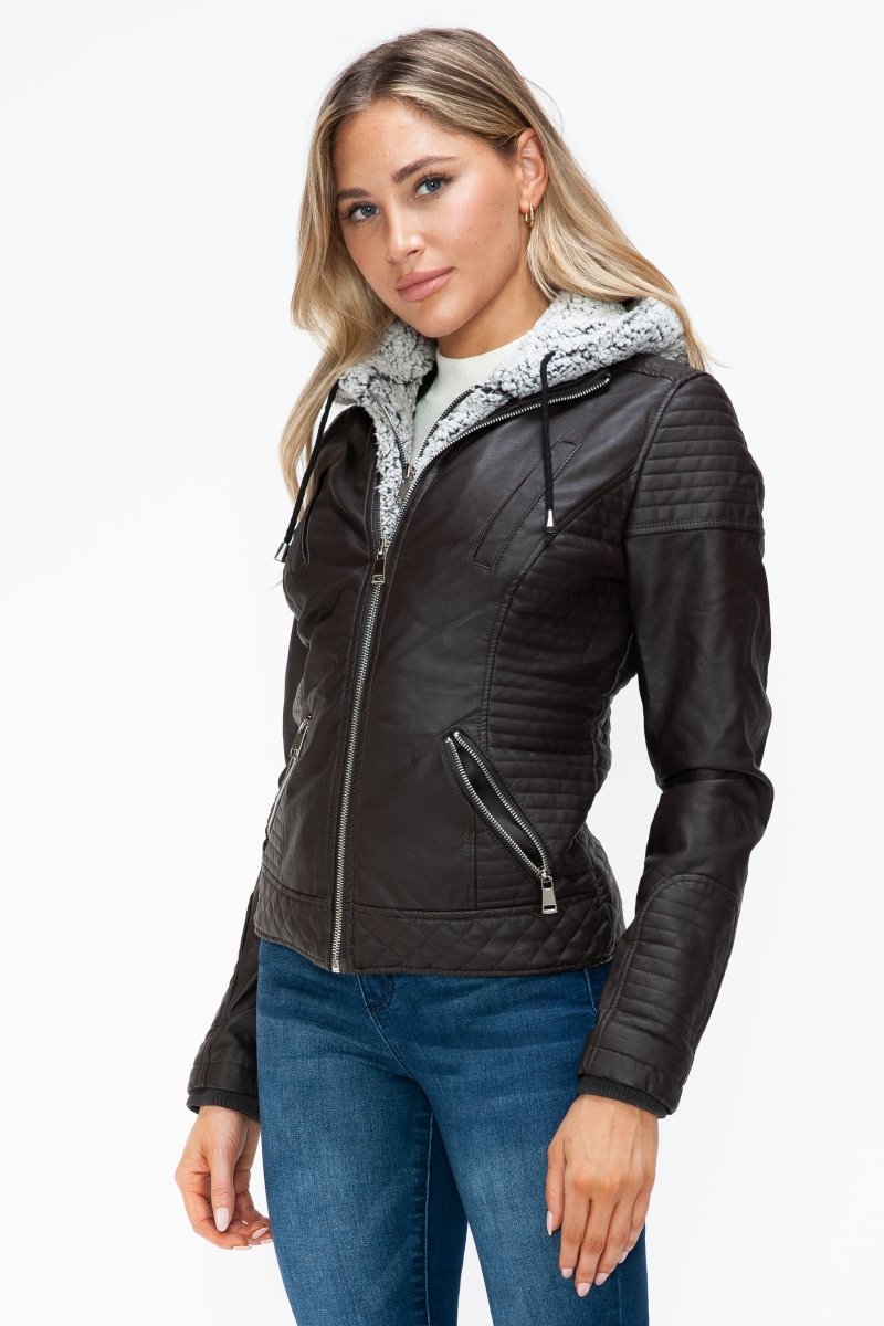 YMI Faux Layered Double - Zipper Jacket with Fuzzy Hood - S. M. & Co.