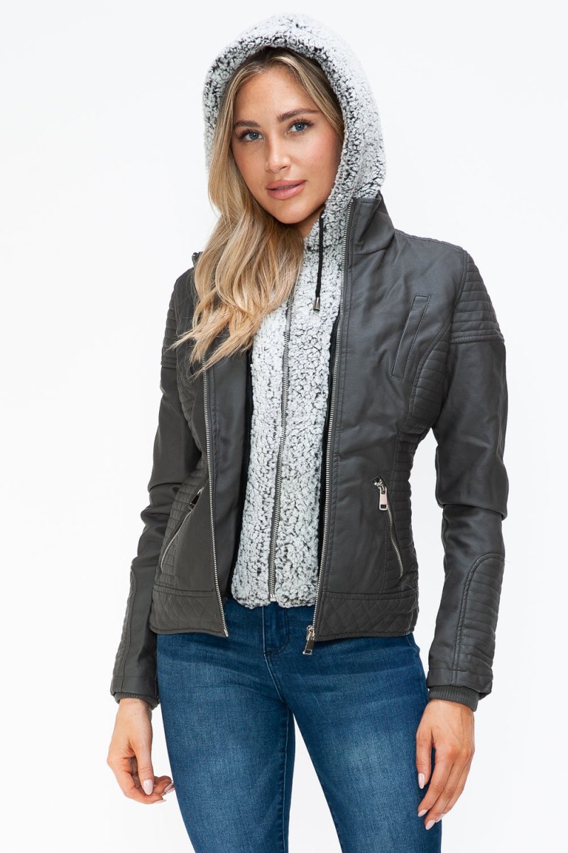 YMI Faux Layered Double - Zipper Jacket with Fuzzy Hood - S. M. & Co.