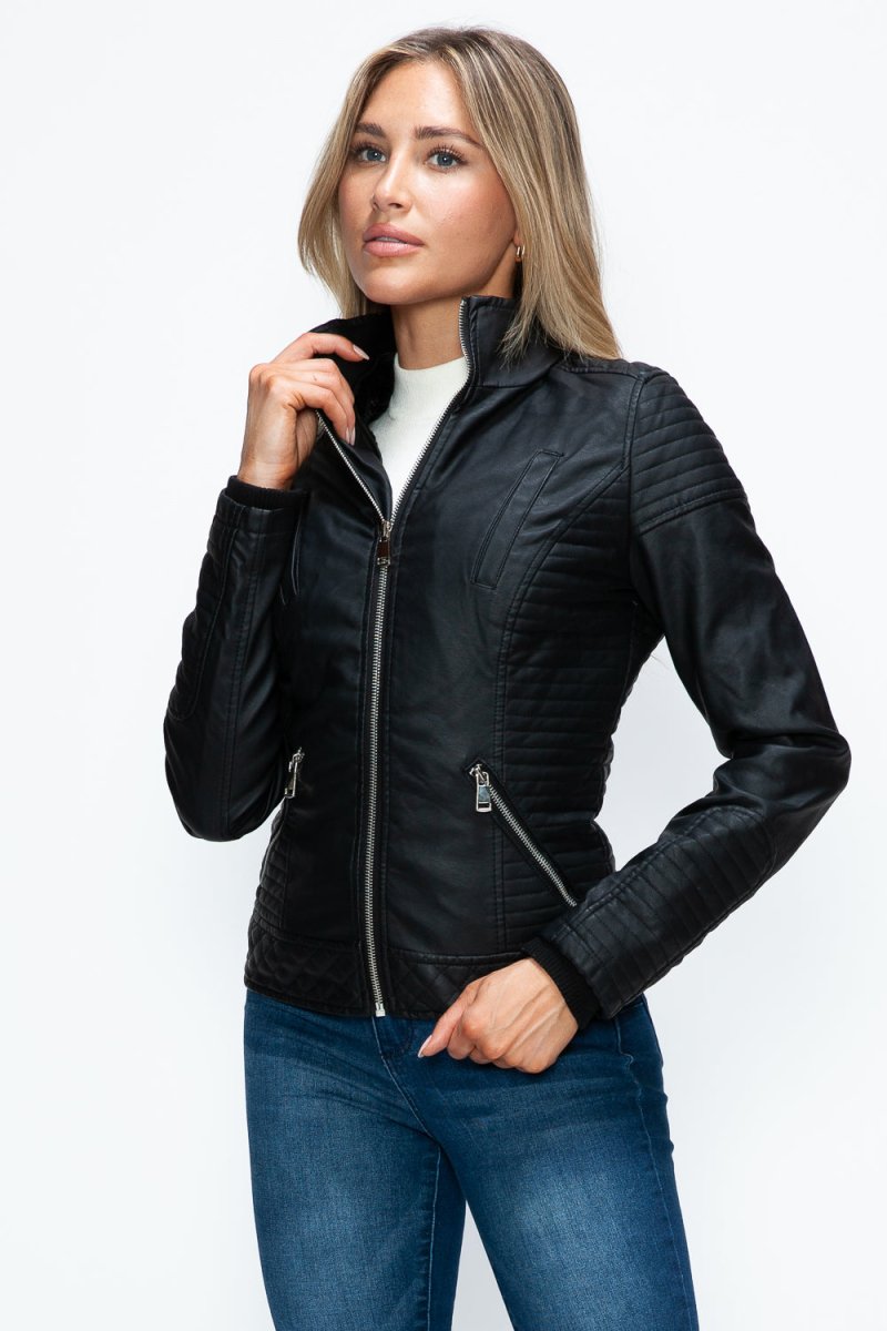 YMI Faux Layered Double - Zipper Jacket with Fuzzy Hood - S. M. & Co.