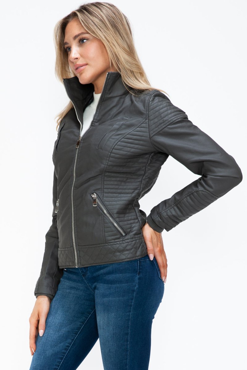 YMI Faux Layered Double - Zipper Jacket with Fuzzy Hood - S. M. & Co.