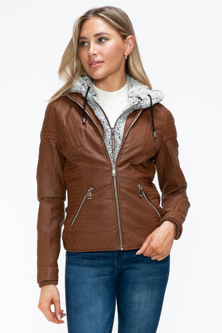 YMI Faux Layered Double - Zipper Jacket with Fuzzy Hood - S. M. & Co.