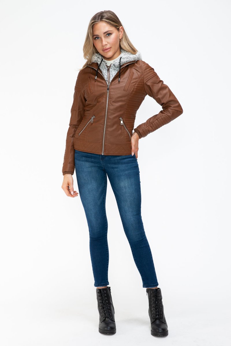 YMI Faux Layered Double - Zipper Jacket with Fuzzy Hood - S. M. & Co.