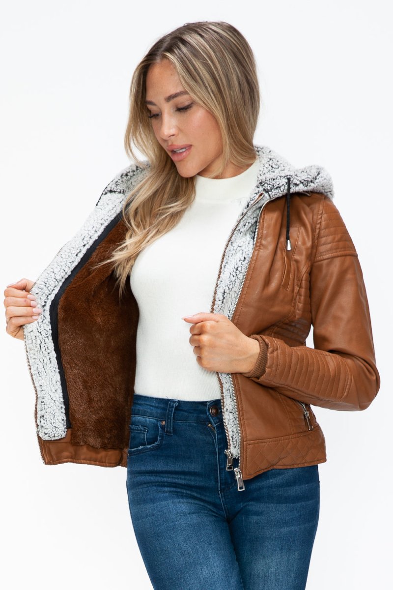 YMI Faux Layered Double - Zipper Jacket with Fuzzy Hood - S. M. & Co.