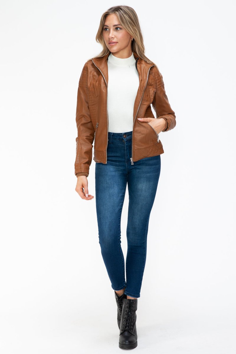 YMI Faux Layered Double - Zipper Jacket with Fuzzy Hood - S. M. & Co.