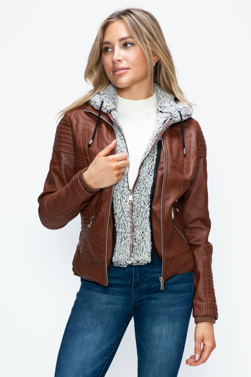 YMI Faux Layered Double - Zipper Jacket with Fuzzy Hood - S. M. & Co.