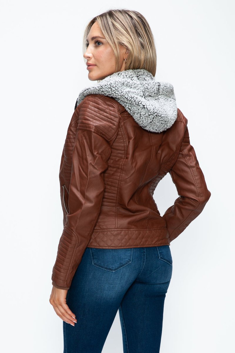 YMI Faux Layered Double - Zipper Jacket with Fuzzy Hood - S. M. & Co.