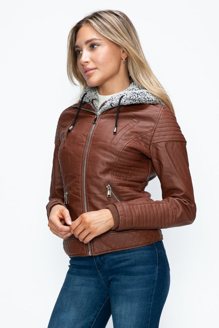 YMI Faux Layered Double - Zipper Jacket with Fuzzy Hood - S. M. & Co.