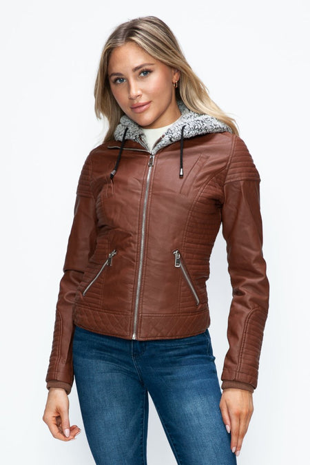 YMI Faux Layered Double - Zipper Jacket with Fuzzy Hood - S. M. & Co.