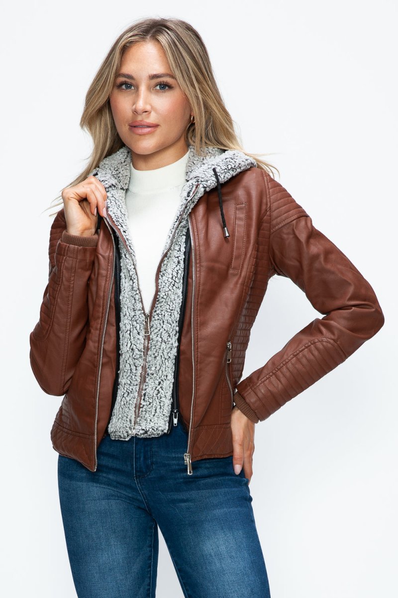 YMI Faux Layered Double - Zipper Jacket with Fuzzy Hood - S. M. & Co.