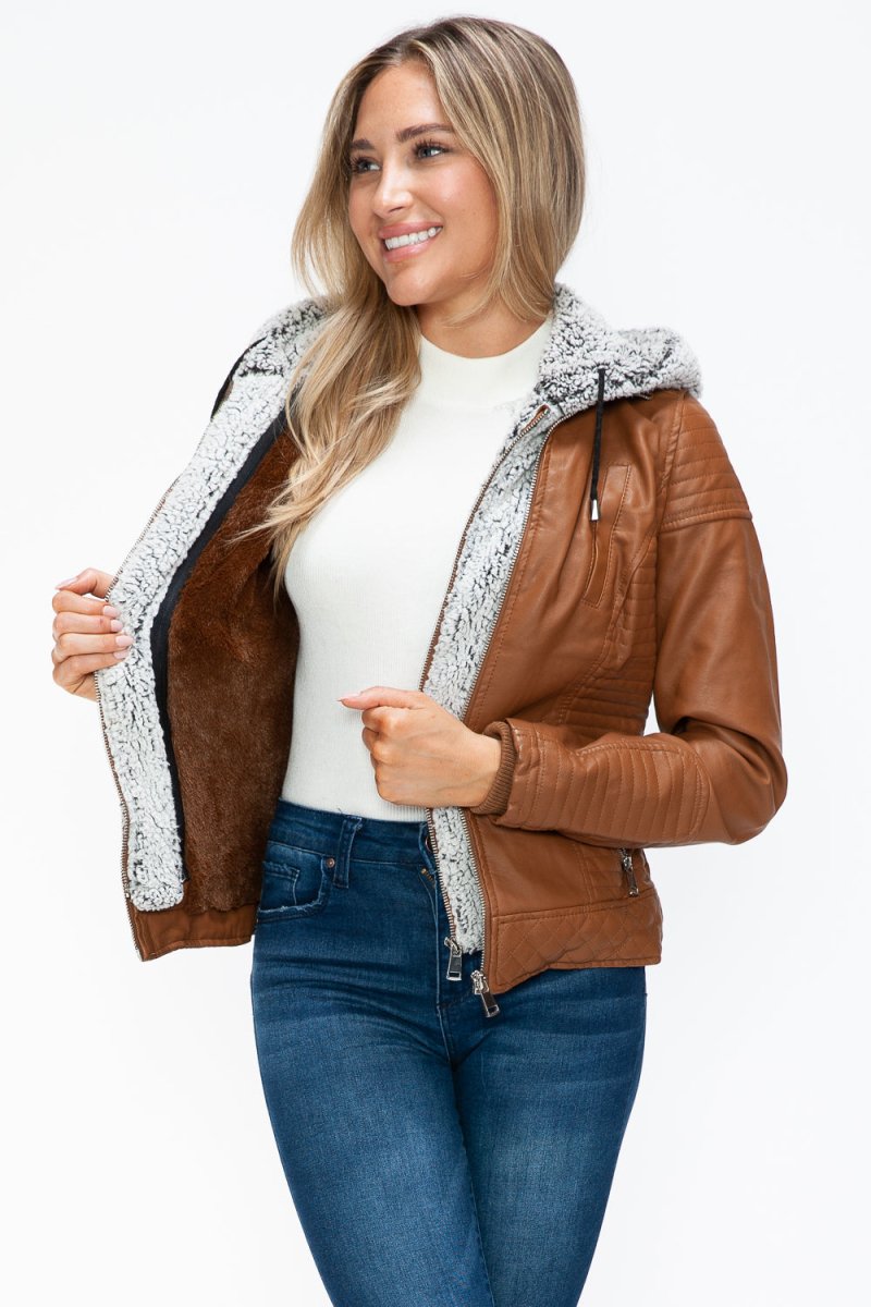 YMI Faux Layered Double - Zipper Jacket with Fuzzy Hood - S. M. & Co.