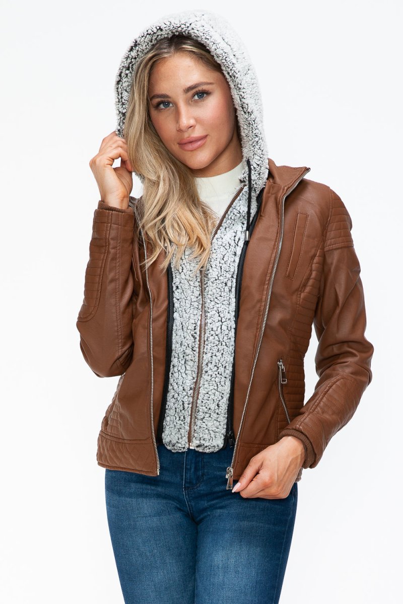 YMI Faux Layered Double - Zipper Jacket with Fuzzy Hood - S. M. & Co.