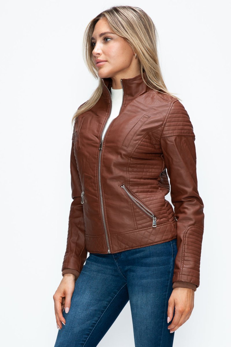 YMI Faux Layered Double - Zipper Jacket with Fuzzy Hood - S. M. & Co.