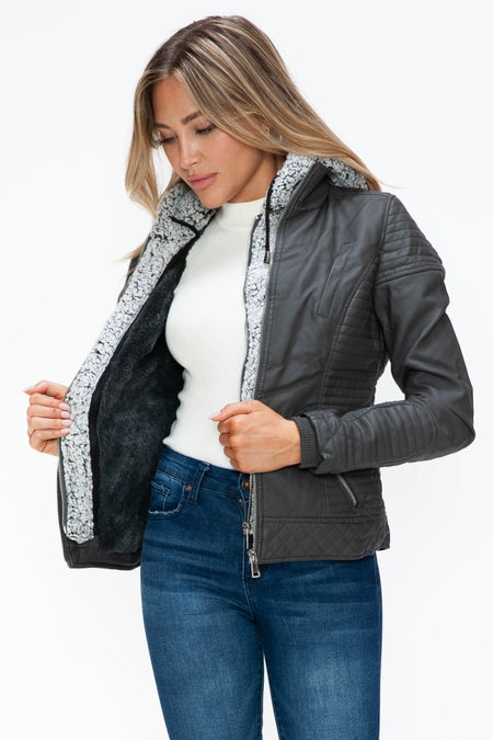 YMI Faux Layered Double - Zipper Jacket with Fuzzy Hood - S. M. & Co.