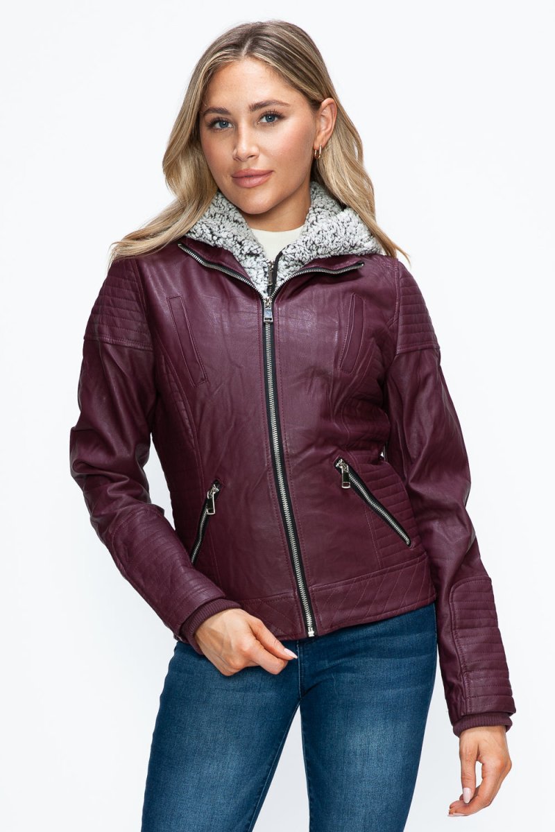 YMI Faux Layered Double - Zipper Jacket with Fuzzy Hood - S. M. & Co.