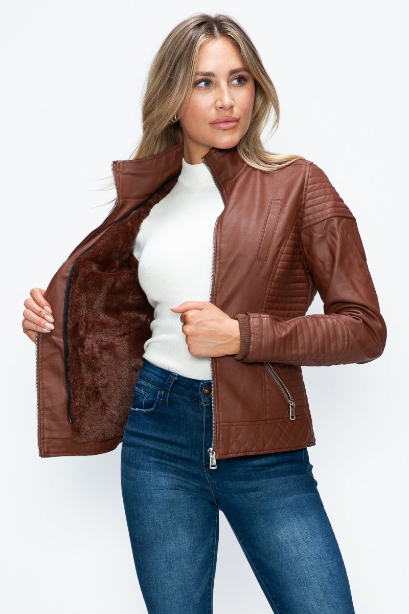 YMI Faux Layered Double - Zipper Jacket with Fuzzy Hood - S. M. & Co.