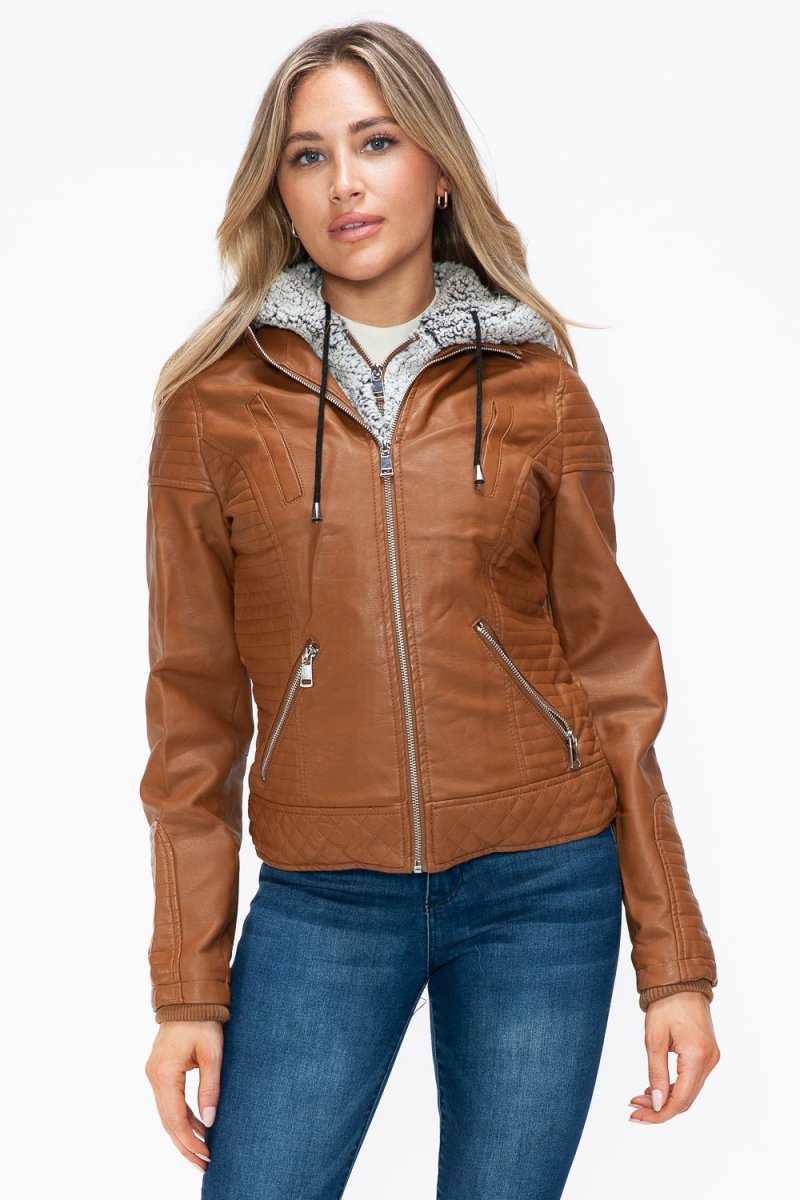 YMI Faux Layered Double - Zipper Jacket with Fuzzy Hood - S. M. & Co.