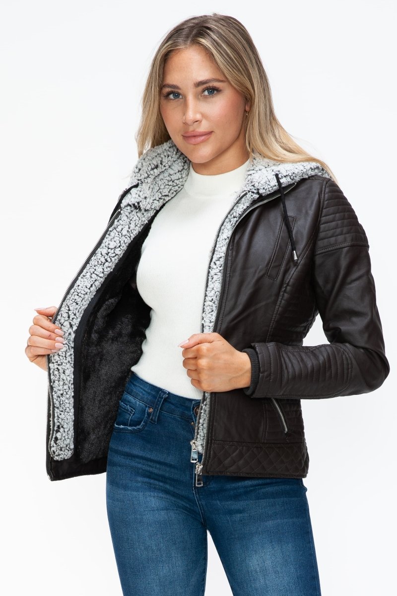 YMI Faux Layered Double - Zipper Jacket with Fuzzy Hood - S. M. & Co.