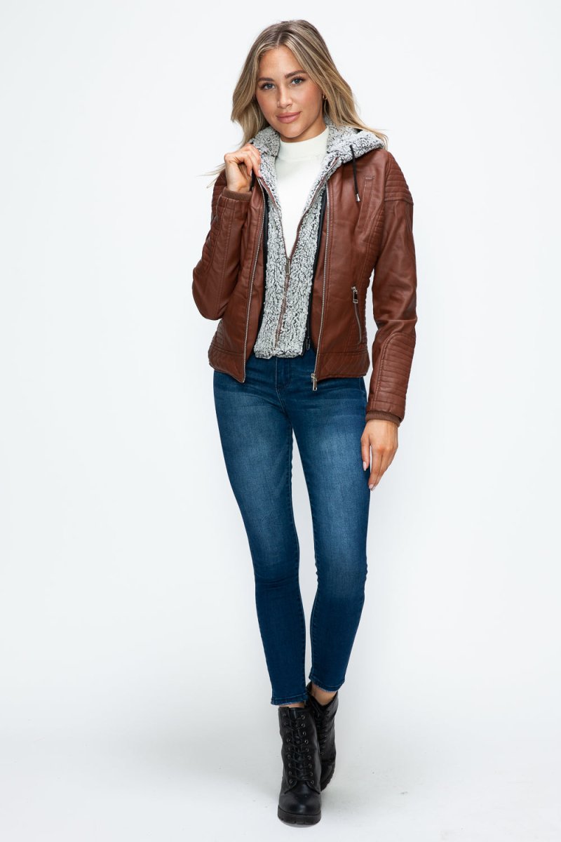 YMI Faux Layered Double - Zipper Jacket with Fuzzy Hood - S. M. & Co.