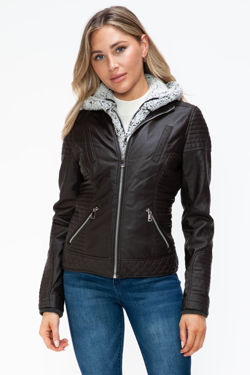 YMI Faux Layered Double - Zipper Jacket with Fuzzy Hood - S. M. & Co.