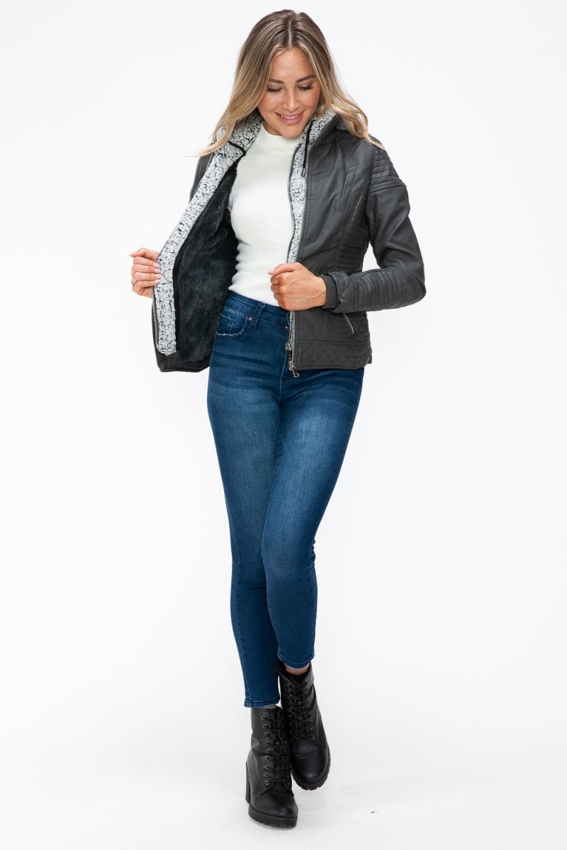 YMI Faux Layered Double - Zipper Jacket with Fuzzy Hood - S. M. & Co.