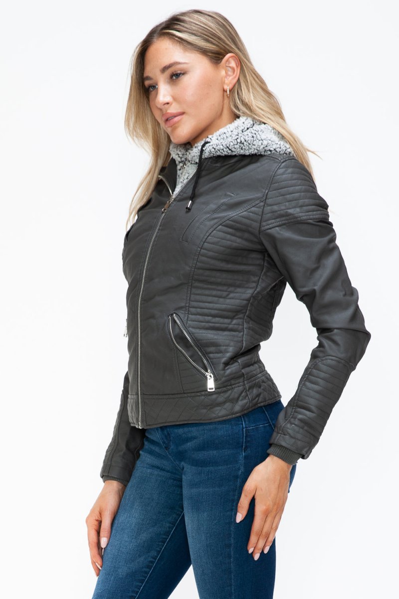 YMI Faux Layered Double - Zipper Jacket with Fuzzy Hood - S. M. & Co.