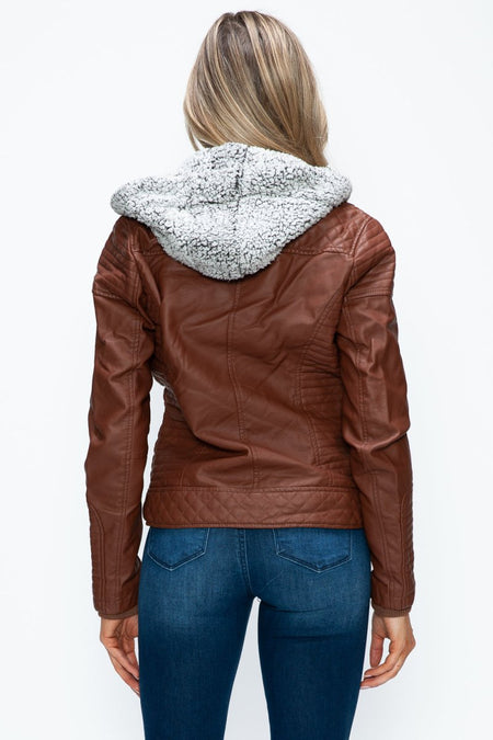 YMI Faux Layered Double - Zipper Jacket with Fuzzy Hood - S. M. & Co.