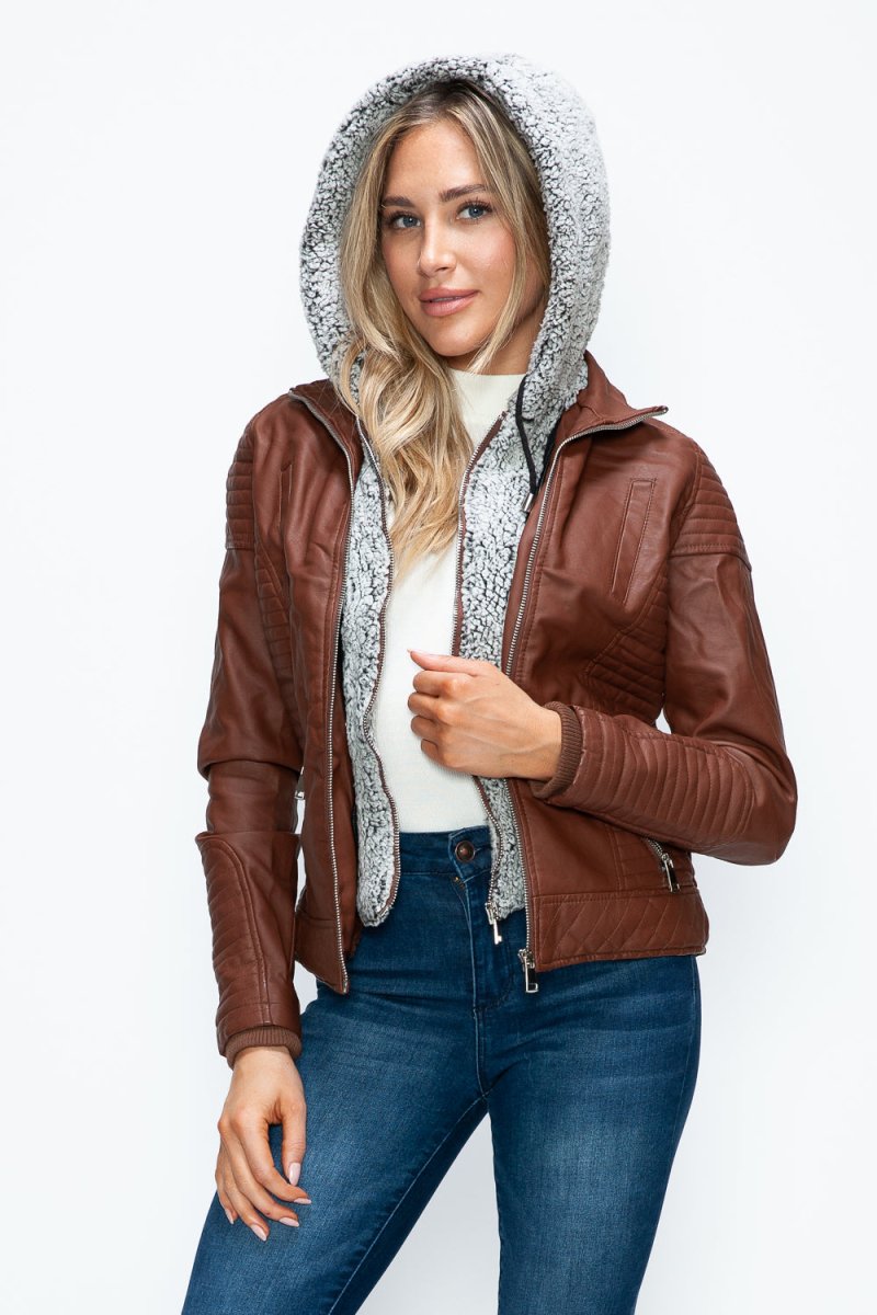 YMI Faux Layered Double - Zipper Jacket with Fuzzy Hood - S. M. & Co.