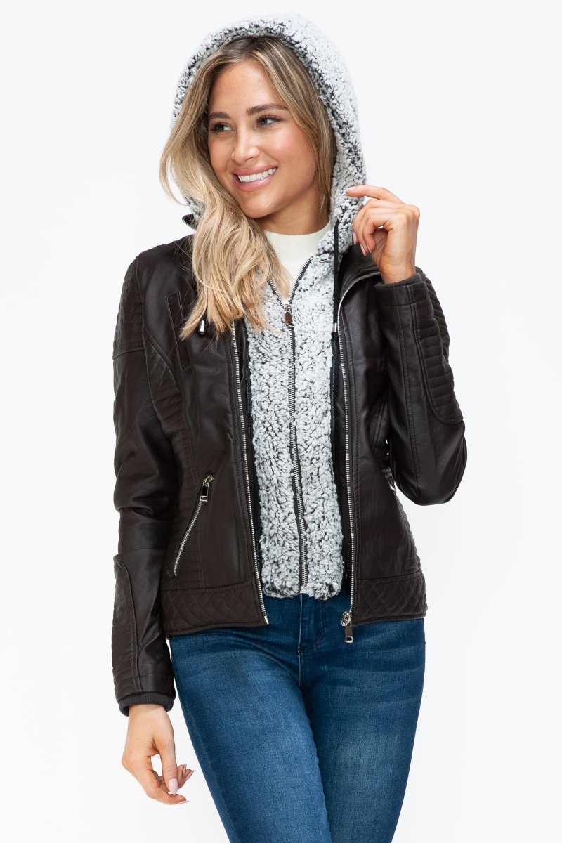 YMI Faux Layered Double - Zipper Jacket with Fuzzy Hood - S. M. & Co.