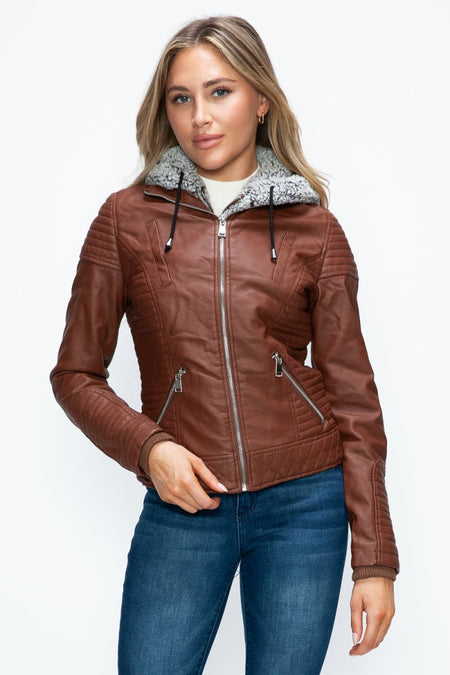 YMI Faux Layered Double - Zipper Jacket with Fuzzy Hood - S. M. & Co.