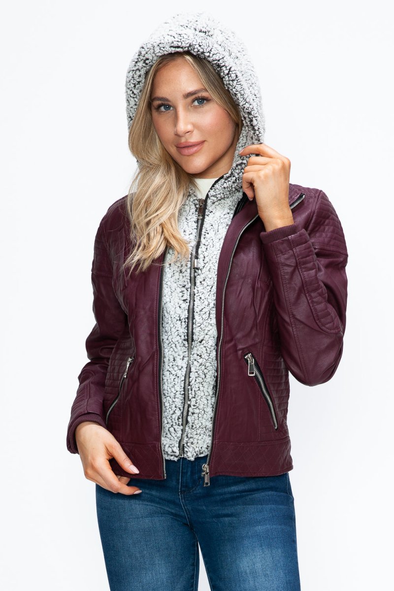 YMI Faux Layered Double - Zipper Jacket with Fuzzy Hood - S. M. & Co.