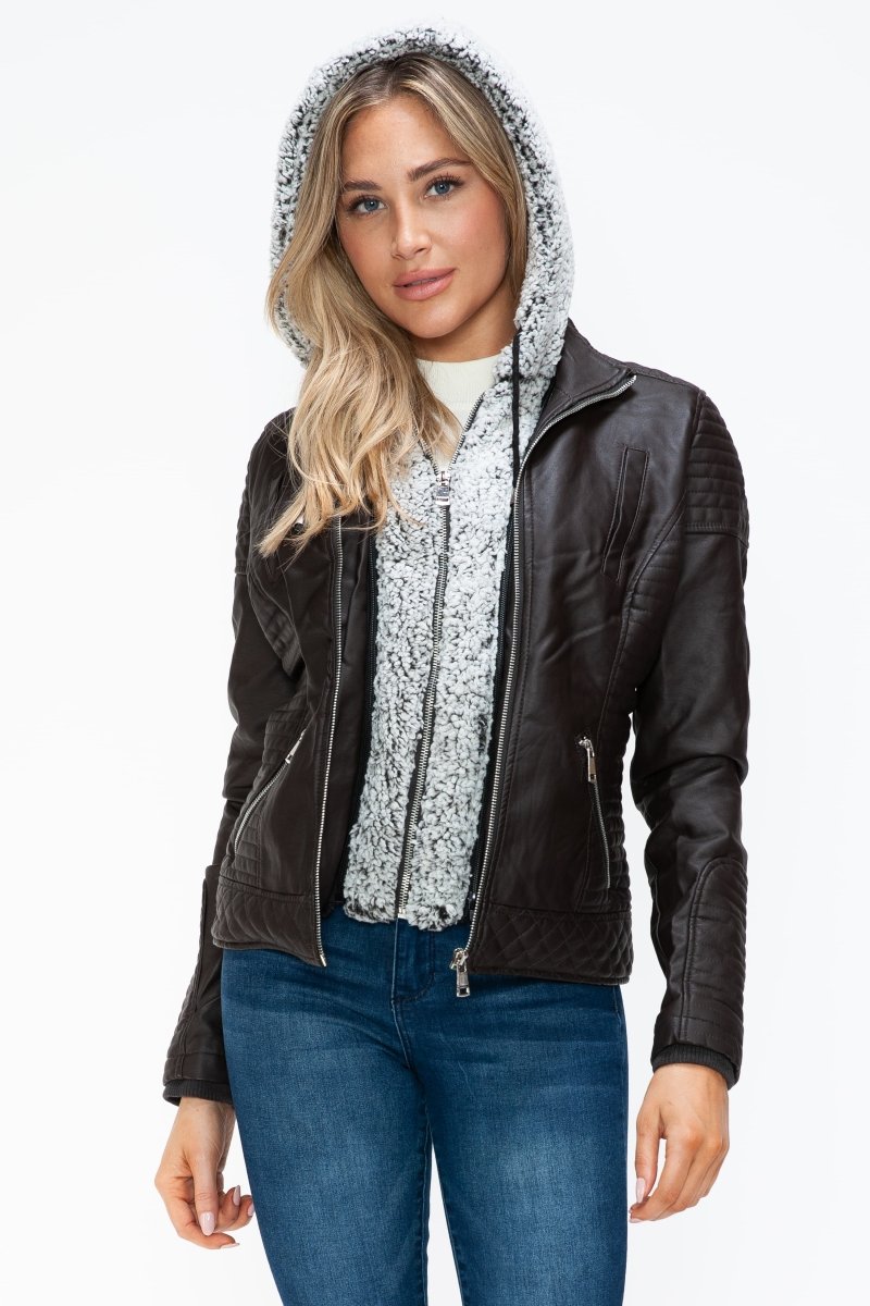 YMI Faux Layered Double - Zipper Jacket with Fuzzy Hood - S. M. & Co.