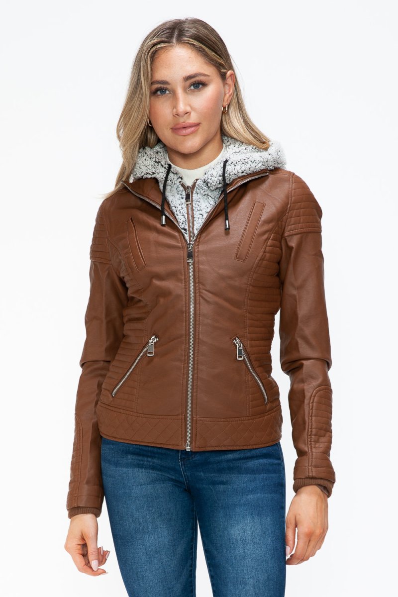 YMI Faux Layered Double - Zipper Jacket with Fuzzy Hood - S. M. & Co.