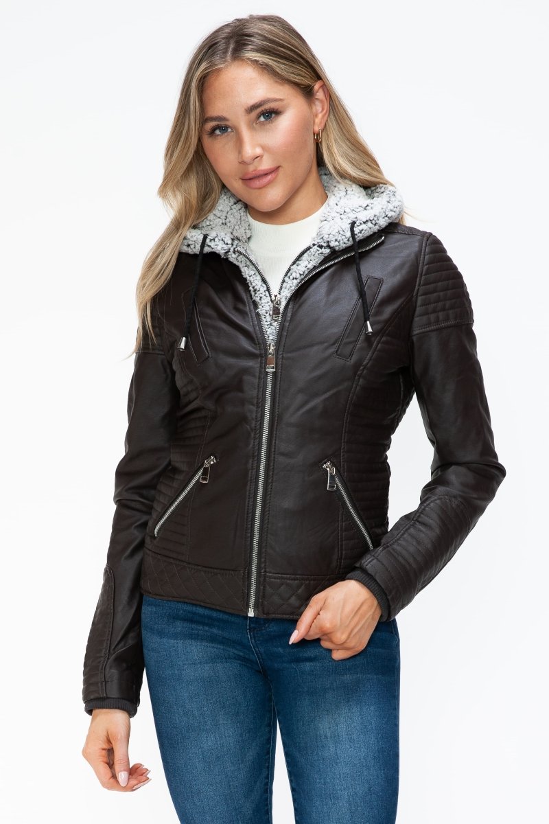 YMI Faux Layered Double - Zipper Jacket with Fuzzy Hood - S. M. & Co.