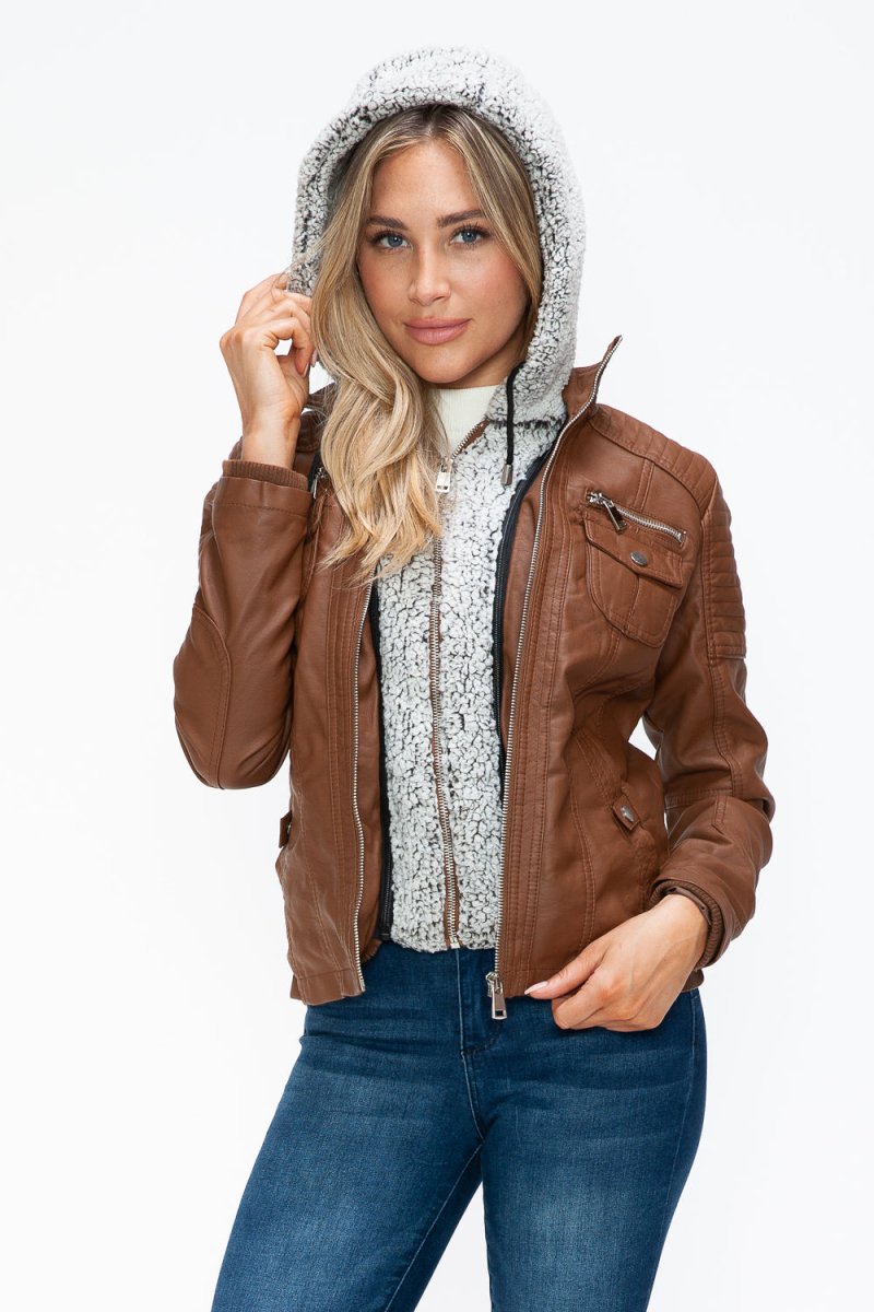 YMI Removable Faux Layered Multi - Pocket Jacket with Fuzzy Hood - S. M. & Co.