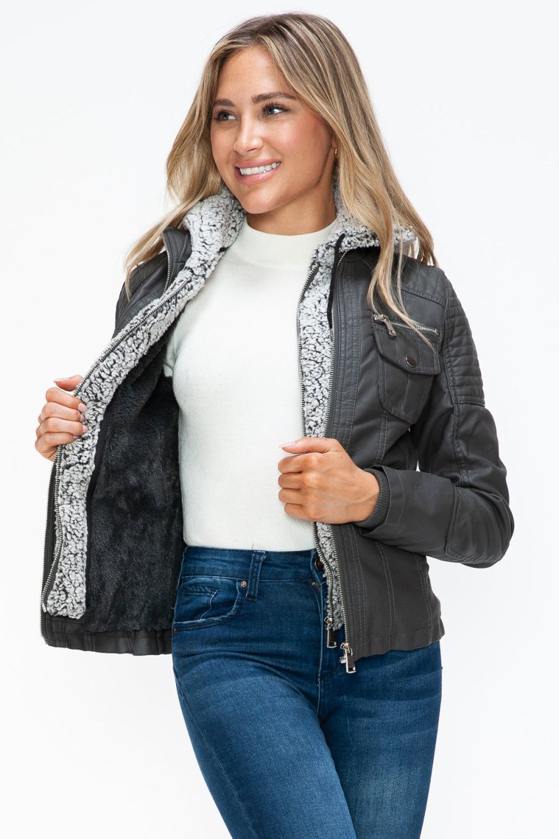 YMI Removable Faux Layered Multi - Pocket Jacket with Fuzzy Hood - S. M. & Co.