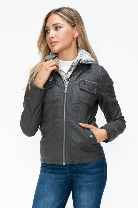 YMI Removable Faux Layered Multi - Pocket Jacket with Fuzzy Hood - S. M. & Co.