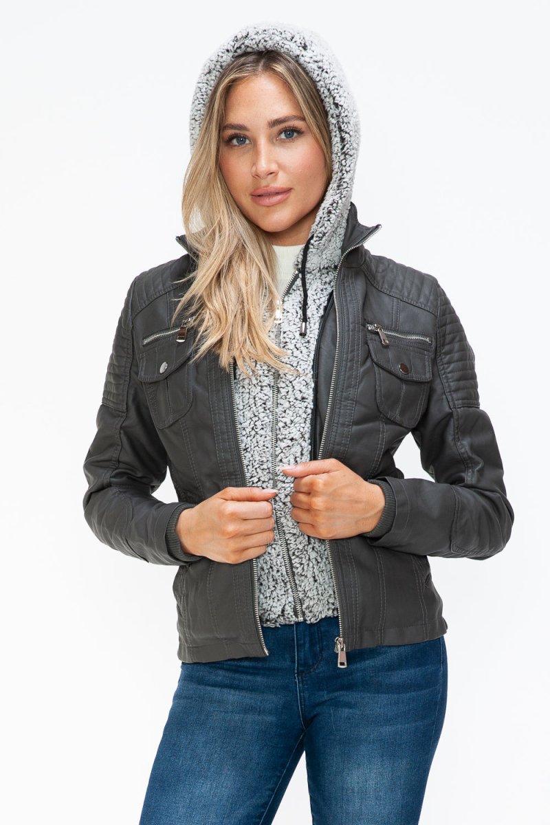 YMI Removable Faux Layered Multi - Pocket Jacket with Fuzzy Hood - S. M. & Co.