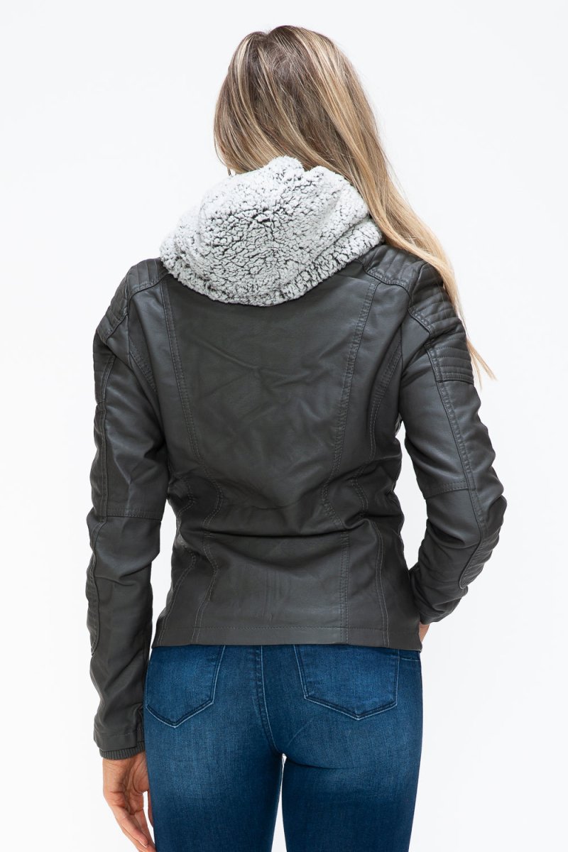 YMI Removable Faux Layered Multi - Pocket Jacket with Fuzzy Hood - S. M. & Co.