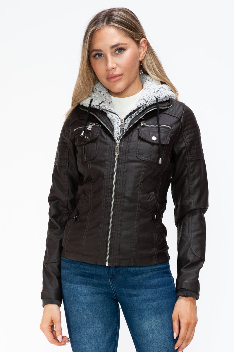 YMI Removable Faux Layered Multi - Pocket Jacket with Fuzzy Hood - S. M. & Co.