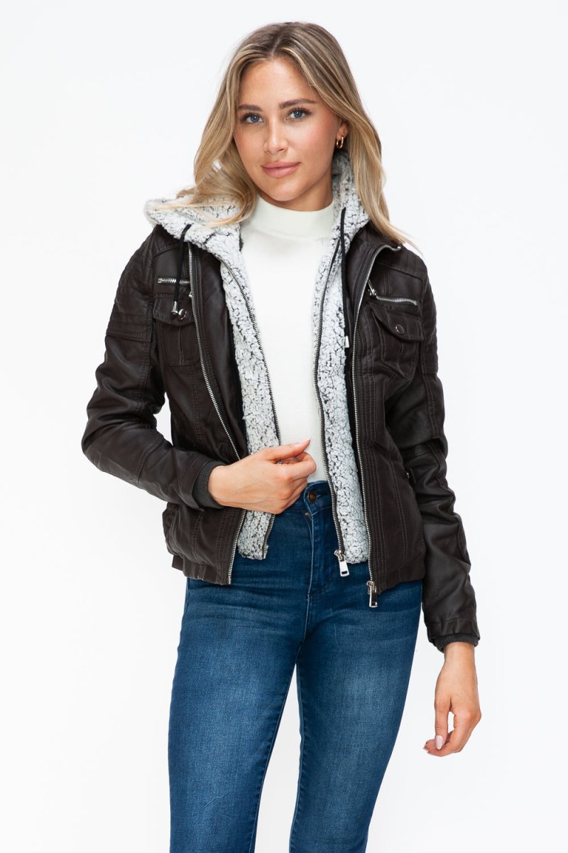 YMI Removable Faux Layered Multi - Pocket Jacket with Fuzzy Hood - S. M. & Co.