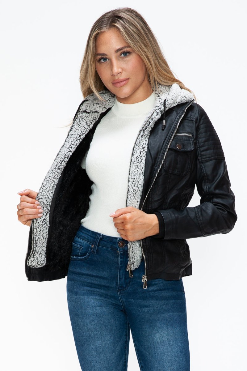 YMI Removable Faux Layered Multi - Pocket Jacket with Fuzzy Hood - S. M. & Co.