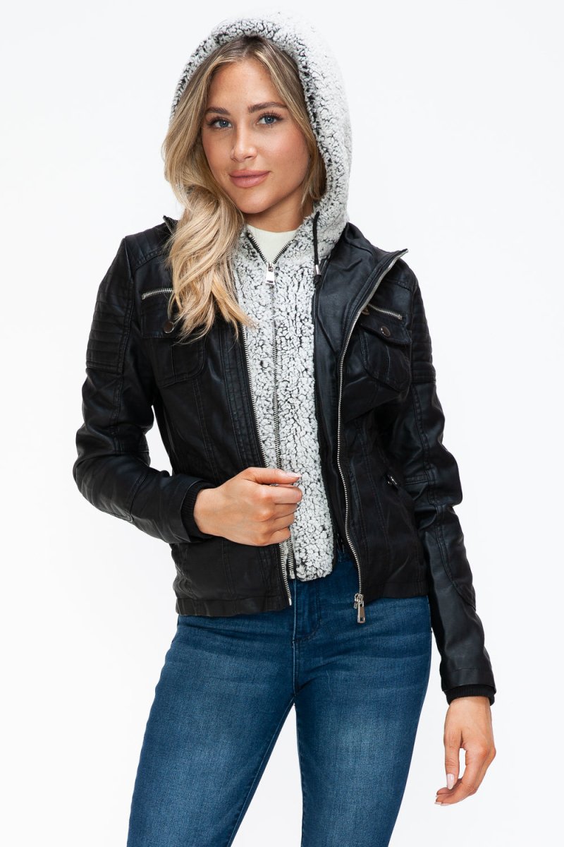 YMI Removable Faux Layered Multi - Pocket Jacket with Fuzzy Hood - S. M. & Co.