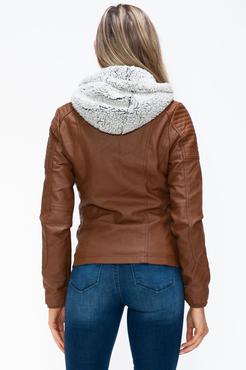 YMI Removable Faux Layered Multi - Pocket Jacket with Fuzzy Hood - S. M. & Co.