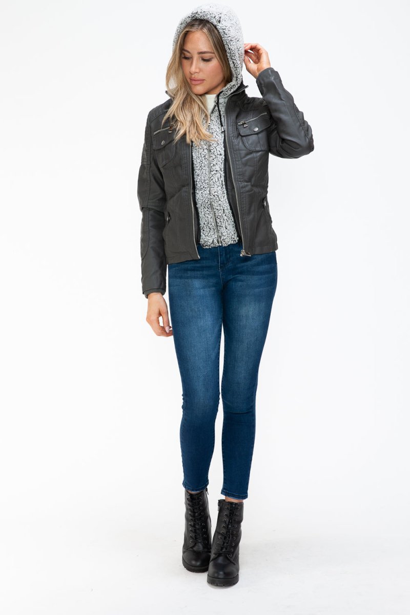 YMI Removable Faux Layered Multi - Pocket Jacket with Fuzzy Hood - S. M. & Co.